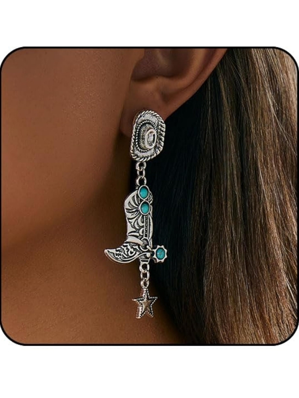 Turquoise Western Cowboy Boot Dangle Earrings - Women Jewelry